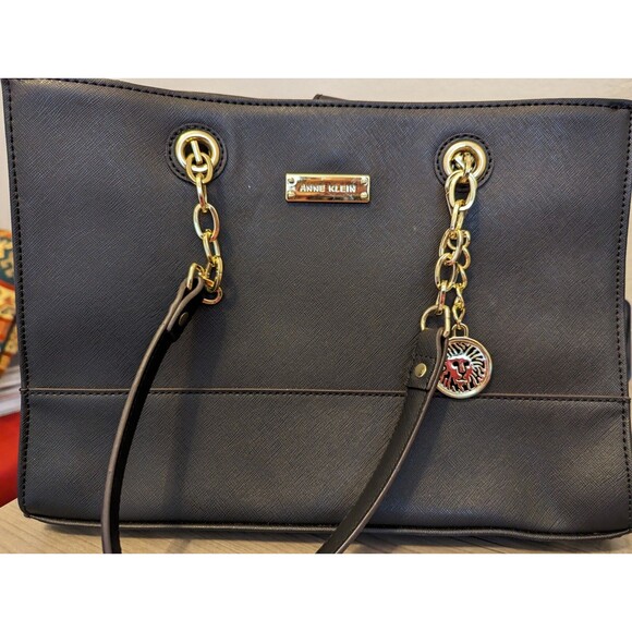 Anne Klein Black Tote Purse Gold Metal Handles Handbag Flat Bottom - Picture 1 of 8